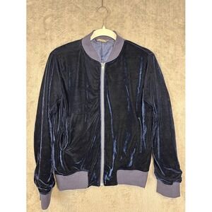 Peyton Jensen Navy Blue Velvet Bomber Jacket RC001 Medium Zip Front Plush‎ Luxe